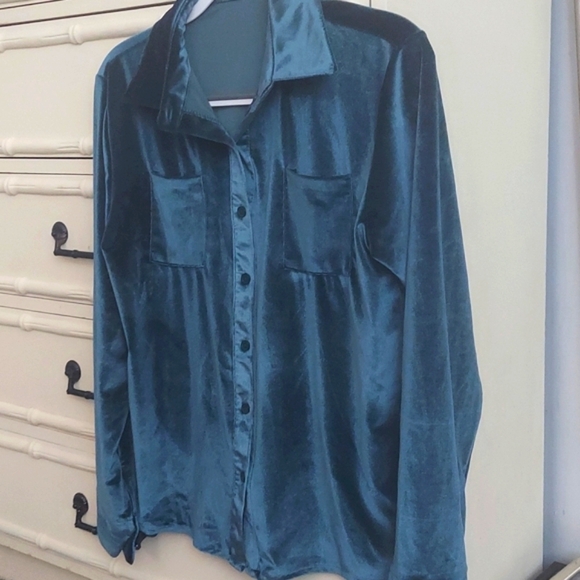Womens Long Sleeve Lapel Velvet Button Down Shirt Blouse Blue XL - Picture 5 of 7